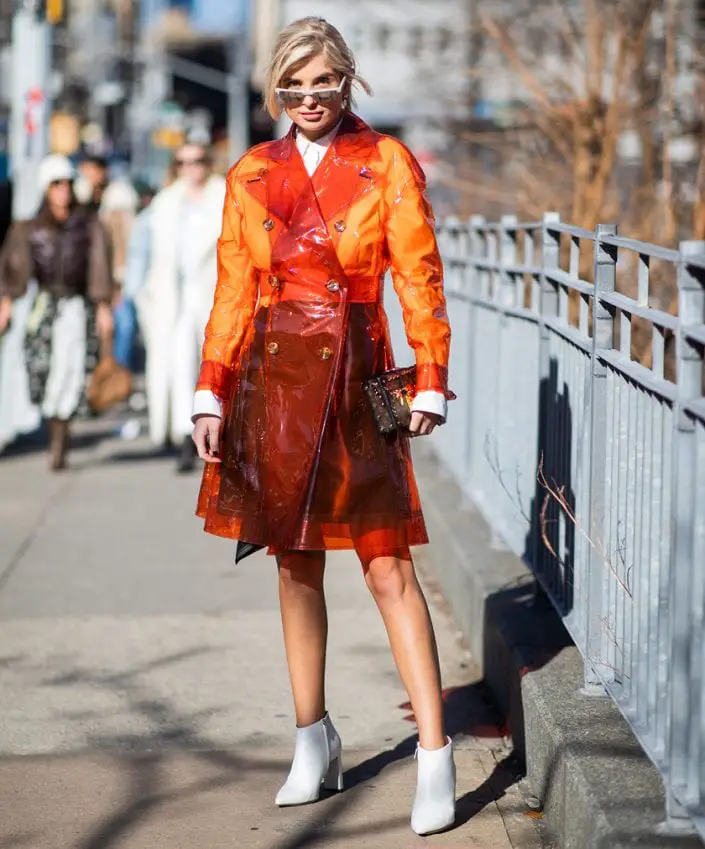 Orange Clear Vinyl Double-Breasted Jacket Orange Clear Vinyl Double-Breasted Jacket — Trendy Rain Jacket Outfits