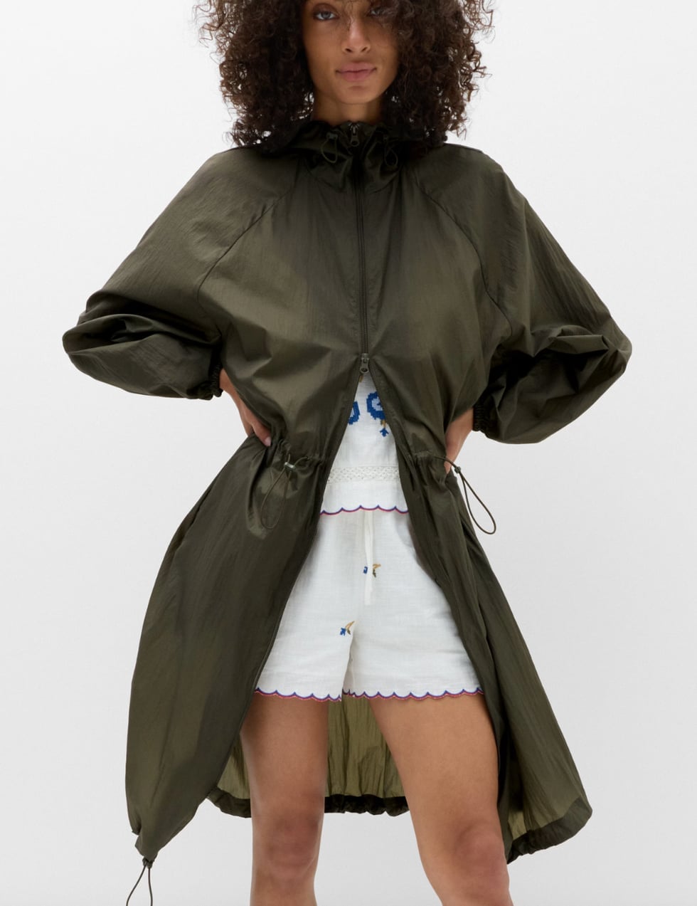Olive Green Crinkled Nylon Hooded Jacket Olive Green Crinkled Nylon Hooded Jacket — Trendy Rain Jacket Outfits