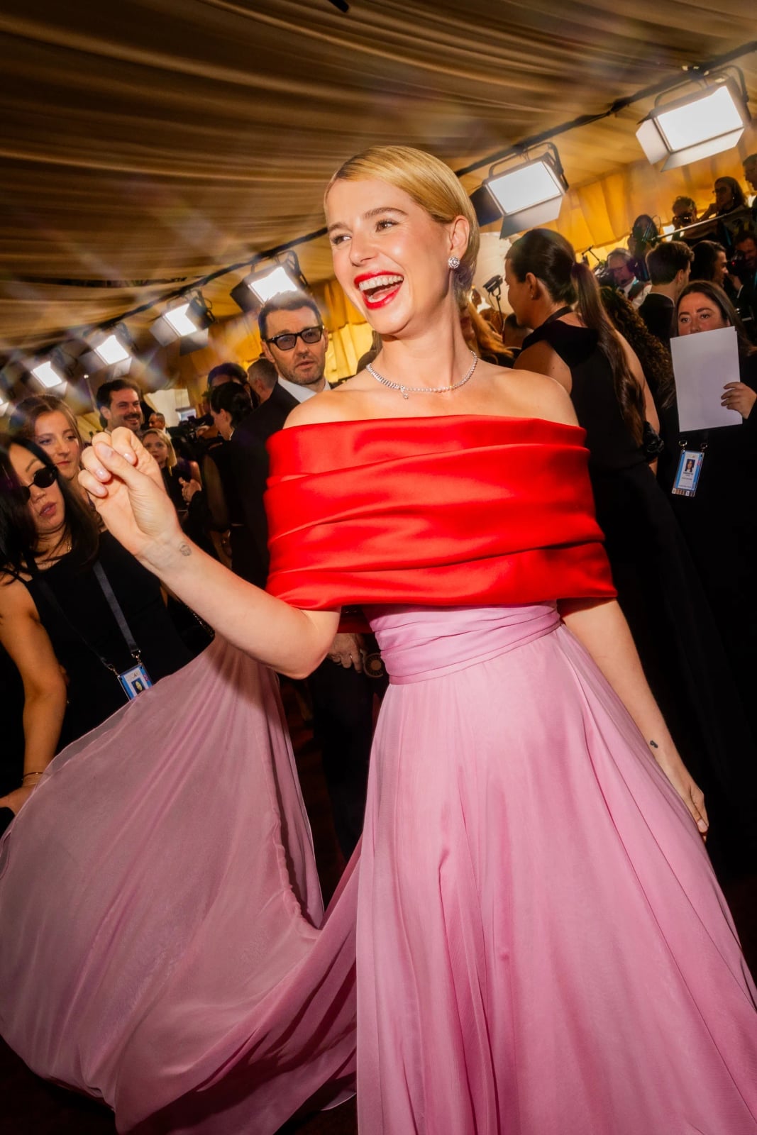 Draped Red Top With Soft Pink A-Line Skirt Draped Red Top With Soft Pink A-Line Skirt — Trendy Red Carpet Dresses