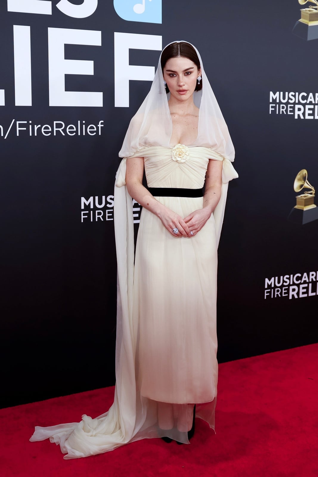 Ivory Gown With Black Velvet Belt And Sheer Cape Ivory Gown With Black Velvet Belt And Sheer Cape — Trendy Red Carpet Dresses