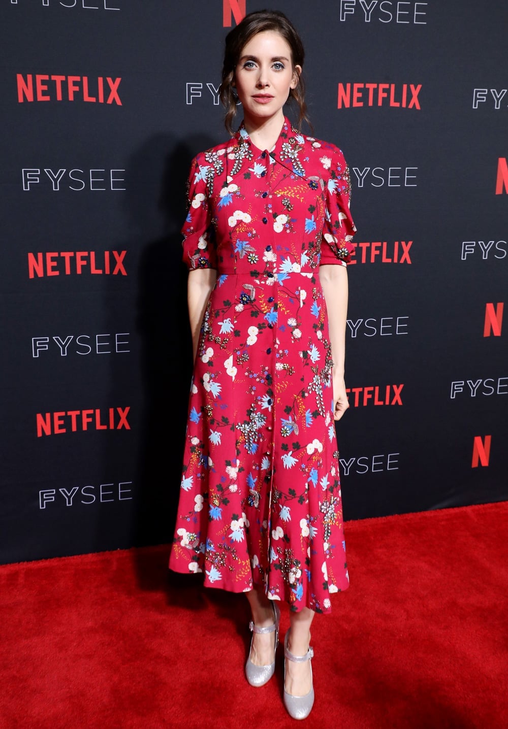 Red Floral Print Midi Dress With Collared Neckline Red Floral Print Midi Dress With Collared Neckline — Trendy Red Carpet Dresses