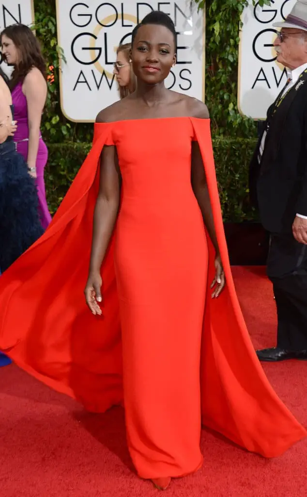 Vibrant Red Off-The-Shoulder Dress With Dramatic Cape Vibrant Red Off-The-Shoulder Dress With Dramatic Cape — Trendy Red Carpet Dresses