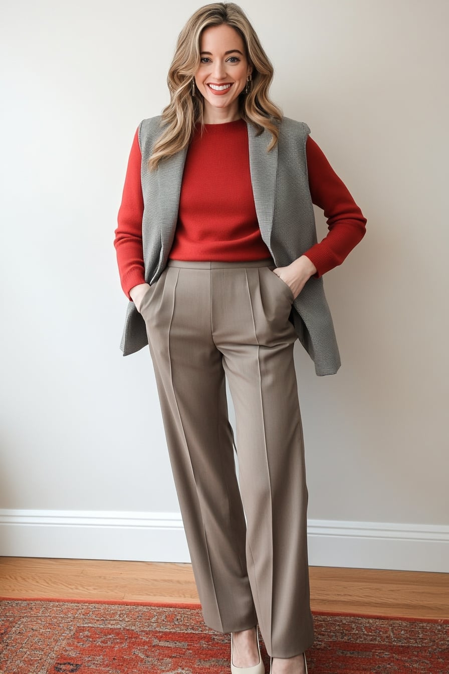 Red Sweater With Gray Vest And Wide Leg Trousers Red Sweater With Gray Vest And Wide Leg Trousers — Trendy Red Sweater Outfit