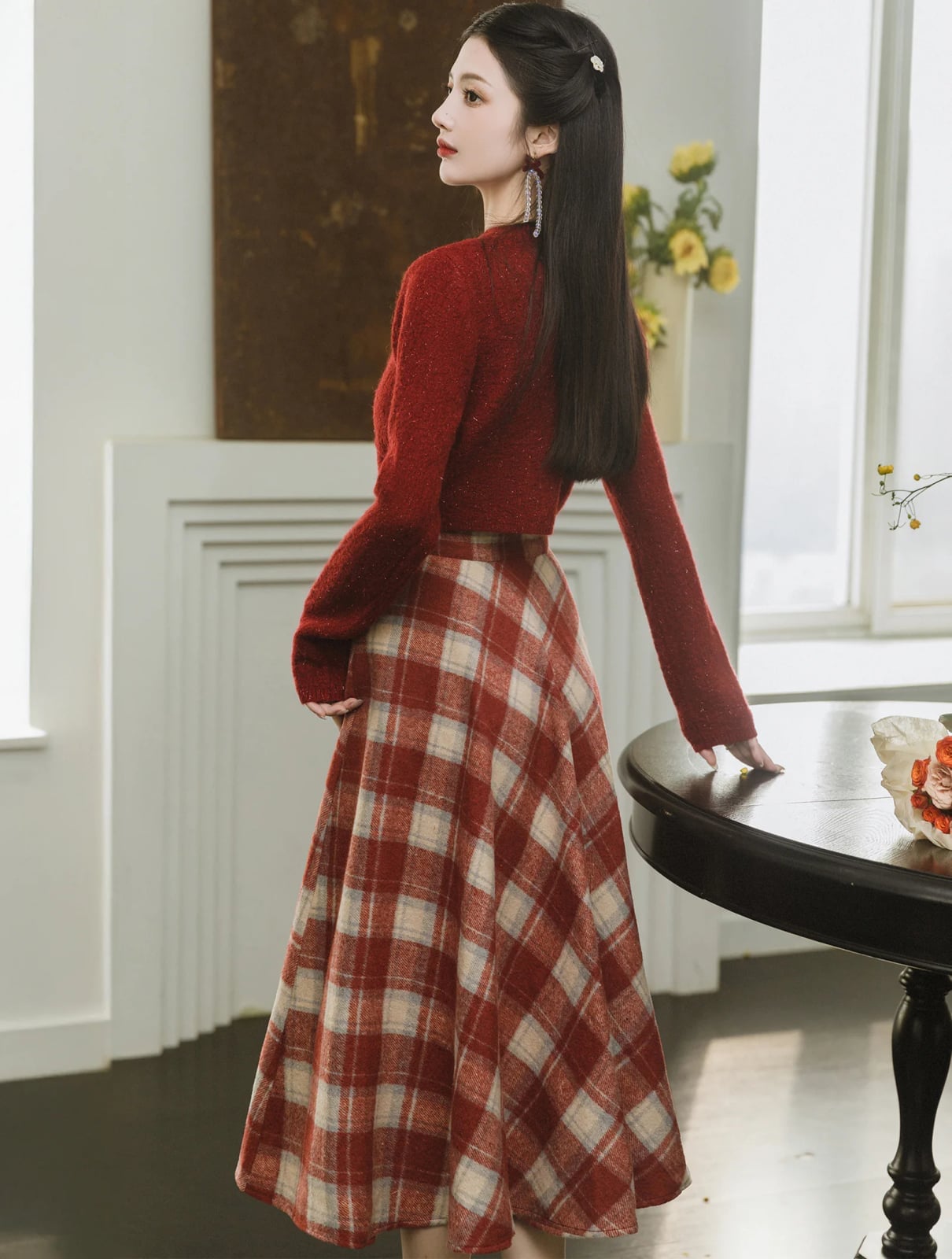 Red Textured Sweater With Plaid Midi Skirt Red Textured Sweater With Plaid Midi Skirt — Trendy Red Sweater Outfit