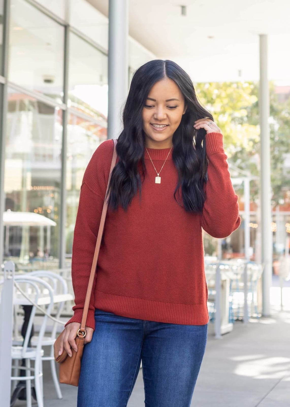 Red Waffle Knit Sweater With Blue Jeans Red Waffle Knit Sweater With Blue Jeans — Trendy Red Sweater Outfit