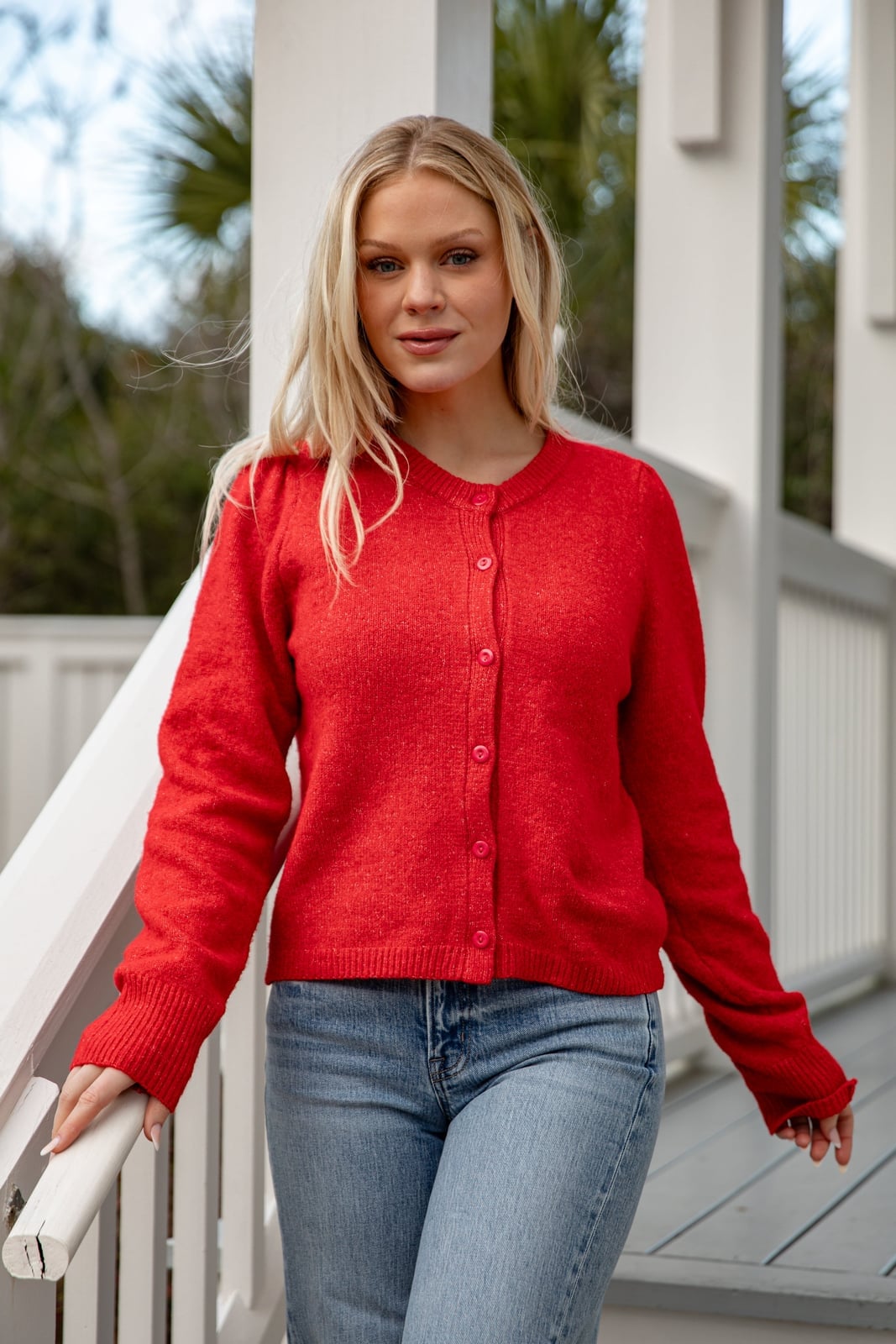 Red Fluffy Knit Button-Up Cardigan With Jeans Red Fluffy Knit Button-Up Cardigan With Jeans — Trendy Red Sweater Outfit