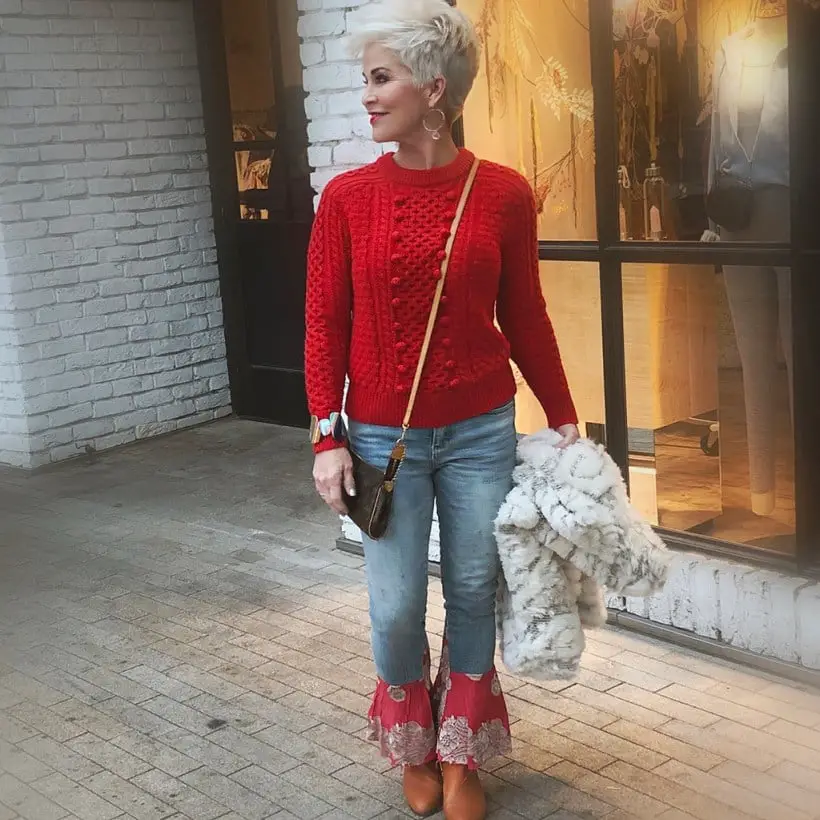 Red Cable Knit Sweater With Embellished Jeans Red Cable Knit Sweater With Embellished Jeans — Trendy Red Sweater Outfit