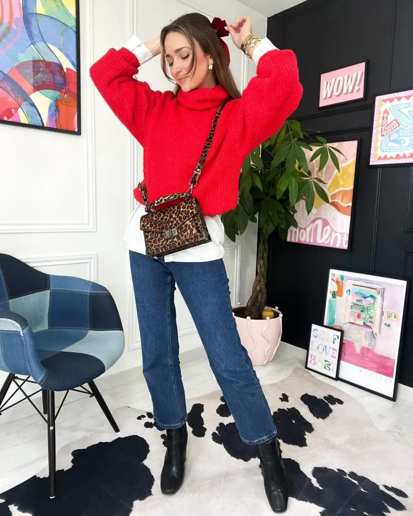 Red Oversized Turtleneck Sweater Over White Shirt, Close-Up Take Red Oversized Turtleneck Sweater Over White Shirt, Close-Up Take — Trendy Red Sweater Outfit