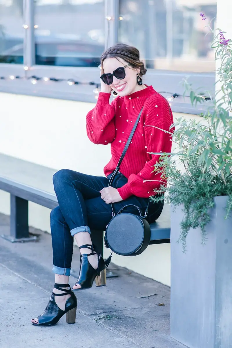 Red Knit Sweater With Pearl Embellishments And Dark, Close-Up Take Red Knit Sweater With Pearl Embellishments And Dark, Close-Up Take — Trendy Red Sweater Outfit