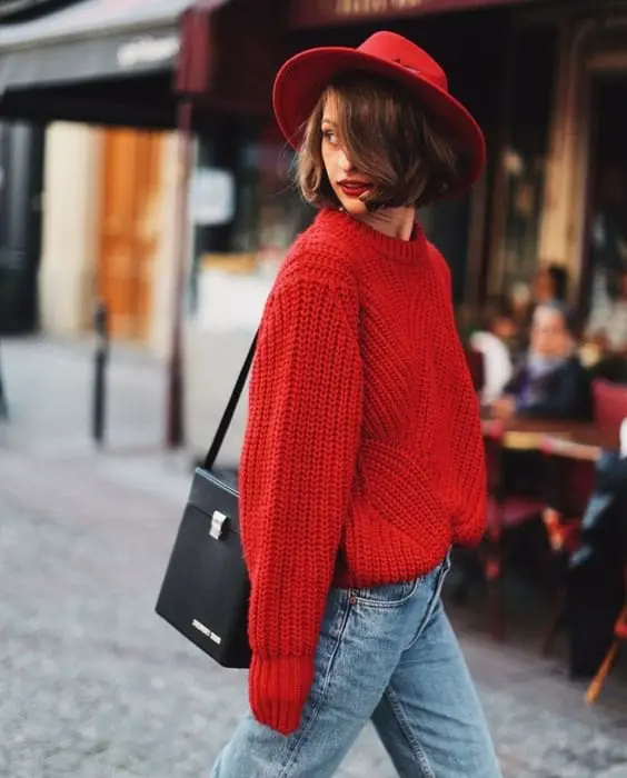 Oversized Red Chunky Knit Sweater With Light Wash Jeans Oversized Red Chunky Knit Sweater With Light Wash Jeans — Trendy Red Sweater Outfit