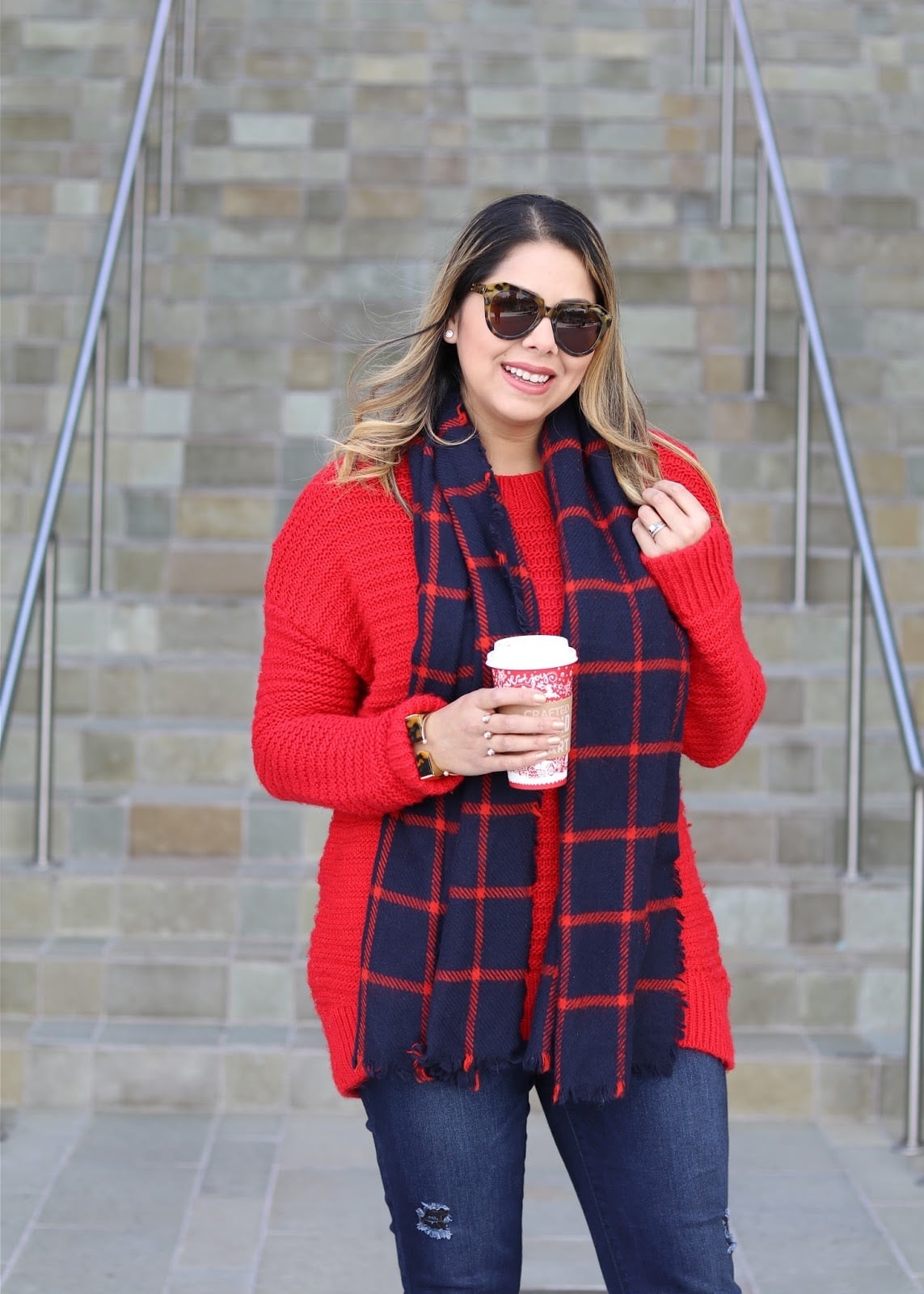 Red Knit Sweater With Plaid Scarf And Ripped Jeans Red Knit Sweater With Plaid Scarf And Ripped Jeans — Trendy Red Sweater Outfit