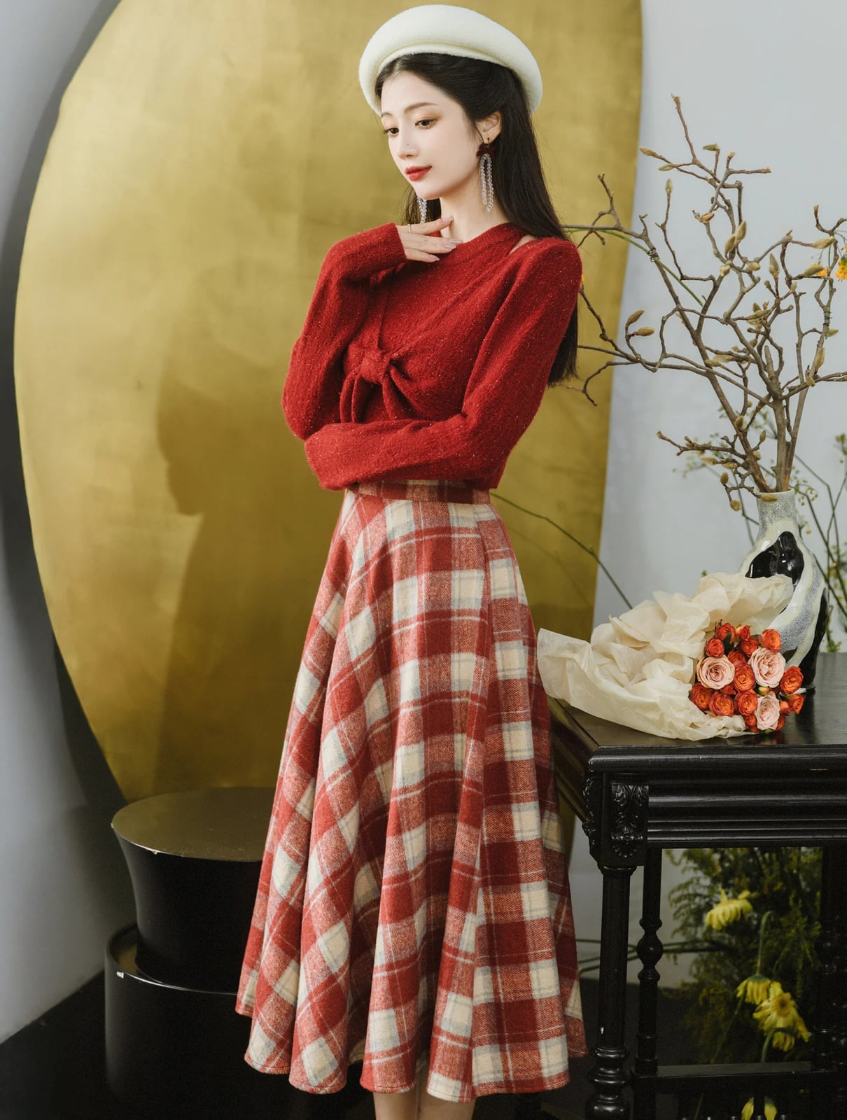 Red Textured Sweater With Plaid Midi Skirt And White Heels Red Textured Sweater With Plaid Midi Skirt And White Heels — Trendy Red Sweater Outfit