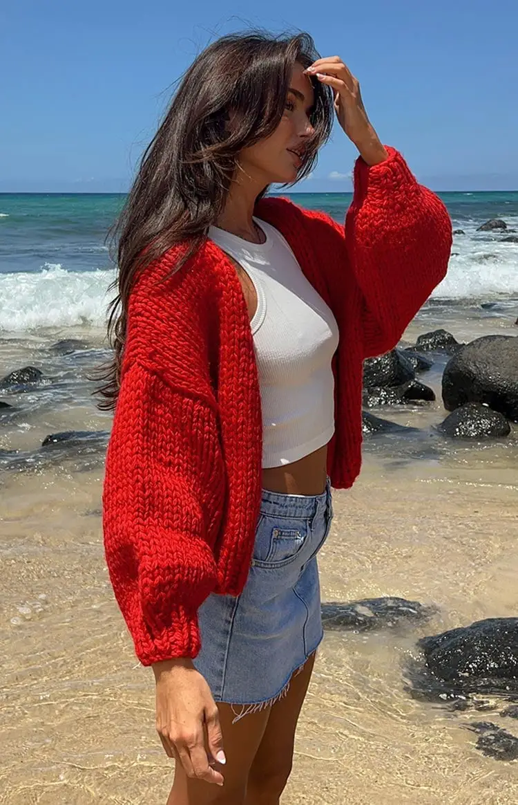 Chunky Red Knit Cropped Cardigan With Denim Skirt Chunky Red Knit Cropped Cardigan With Denim Skirt — Trendy Red Sweater Outfit