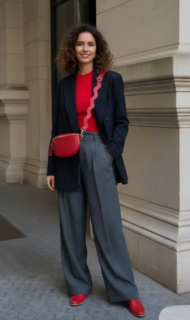 Red Crew Neck Top With Navy Blazer And Wide Leg Trousers Red Crew Neck Top With Navy Blazer And Wide Leg Trousers — Trendy Red Sweater Outfit