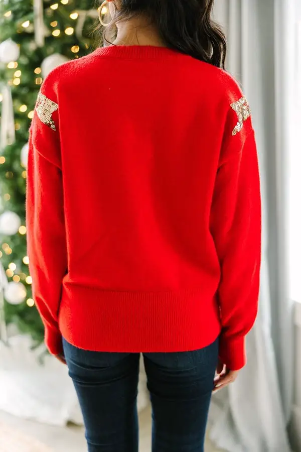 Red Sequin Sweater With Gold Details Red Sequin Sweater With Gold Details — Trendy Red Sweater Outfit