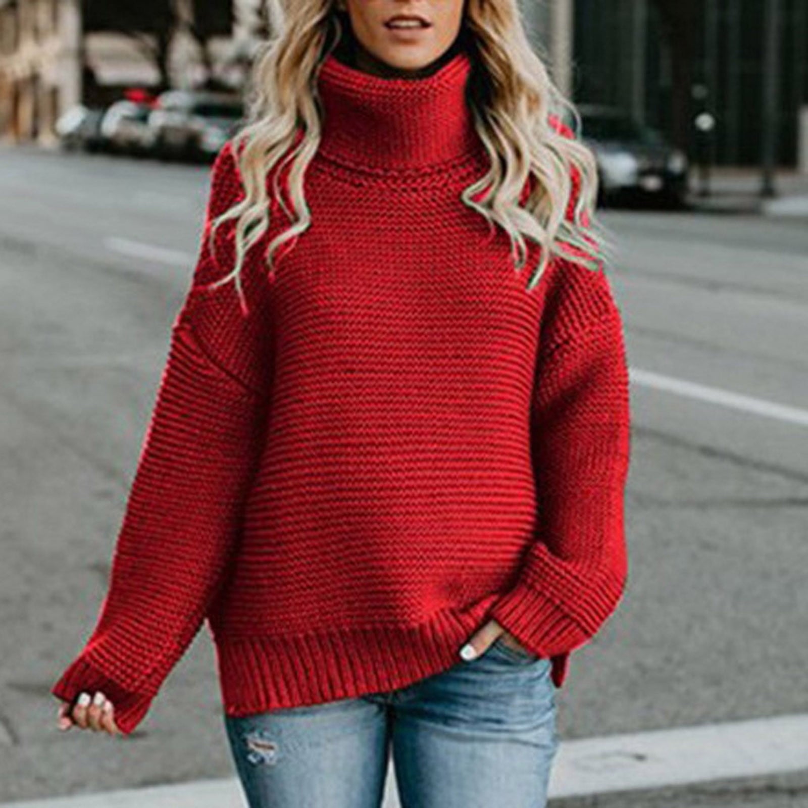Chunky Red Knit Turtleneck Sweater Chunky Red Knit Turtleneck Sweater — Trendy Red Sweater Outfit