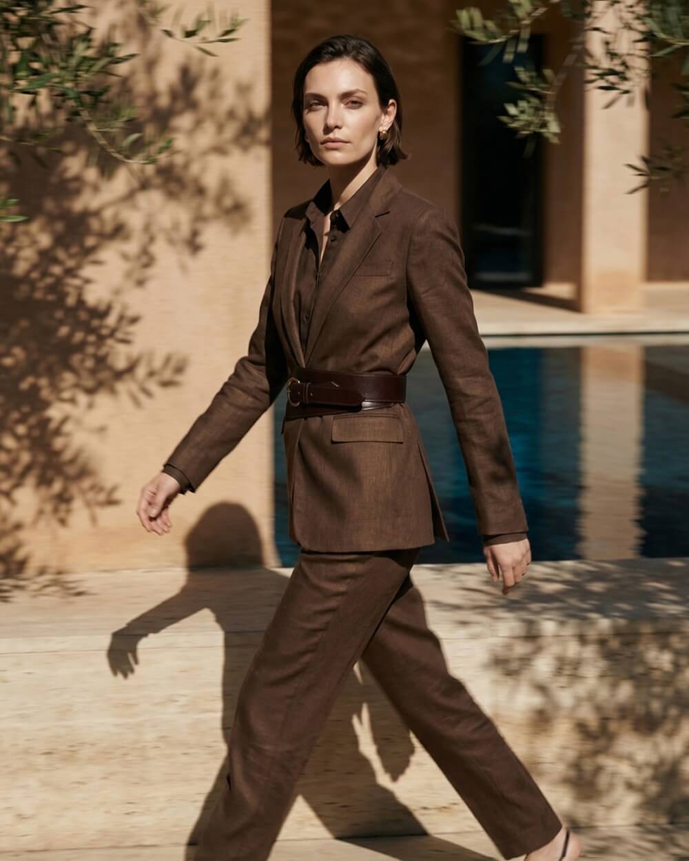 Brown Linen Blend Suit with Belted Blazer and Trousers Brown Linen Blend Suit with Belted Blazer and Trousers — Trendy Rich Outfits