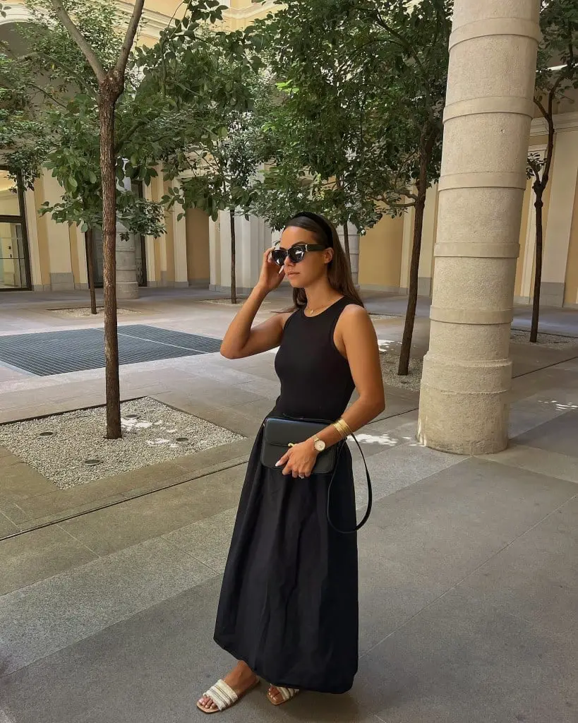 Black Sleeveless Top with Voluminous Black Maxi Skirt Black Sleeveless Top with Voluminous Black Maxi Skirt — Trendy Rich Outfits