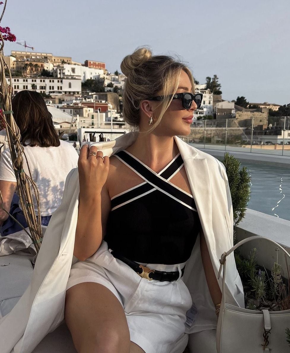 White Linen Blend Blazer Over Criss-Cross Halter Top White Linen Blend Blazer Over Criss-Cross Halter Top — Trendy Rich Outfits