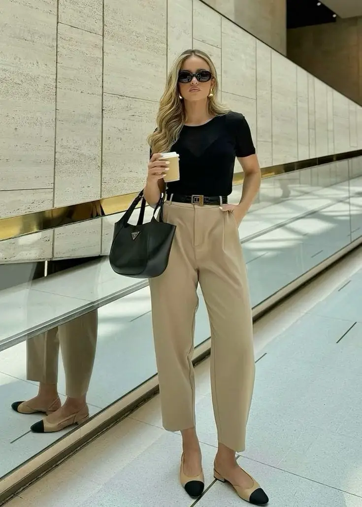 Black T-Shirt with Beige Crepe Trousers and Two-Tone Flats Black T-Shirt with Beige Crepe Trousers and Two-Tone Flats — Trendy Rich Outfits