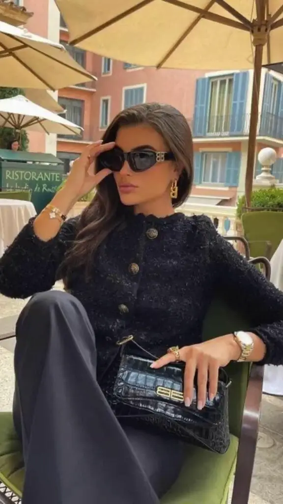 Black Textured Bouclé Jacket with Gold Button Details Black Textured Bouclé Jacket with Gold Button Details — Trendy Rich Outfits
