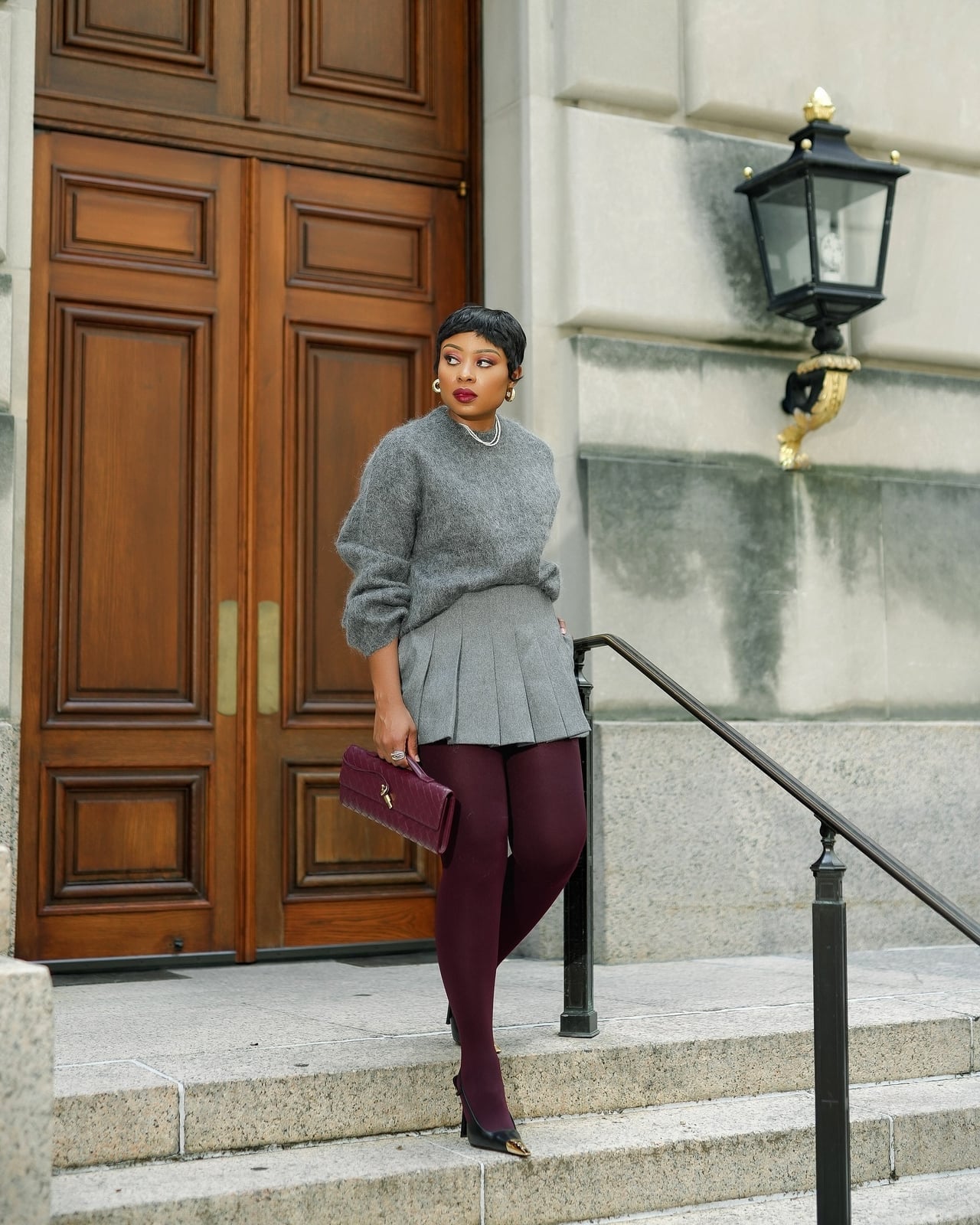 Fluffy Gray Sweater with Gray Pleated Mini Skirt Fluffy Gray Sweater with Gray Pleated Mini Skirt — Trendy Rich Outfits