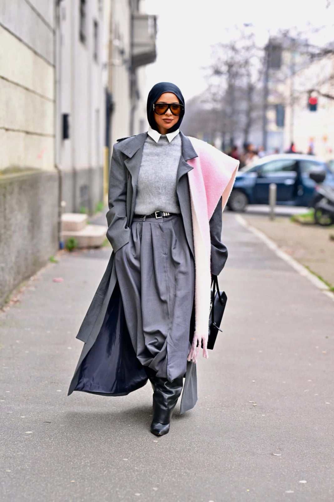 Gray Trench Coat Over Gray Sweater and White Collared Shirt Gray Trench Coat Over Gray Sweater and White Collared Shirt — Trendy Rich Outfits