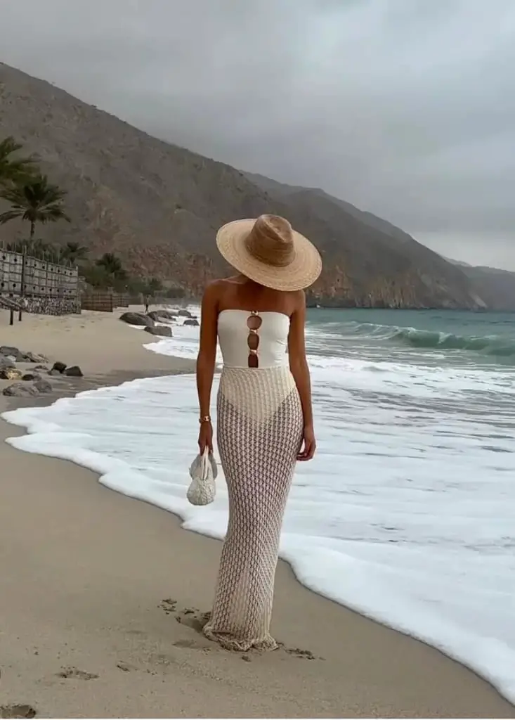 White Bandeau Swimsuit with Cream Crochet Maxi Skirt White Bandeau Swimsuit with Cream Crochet Maxi Skirt — Trendy Rich Outfits