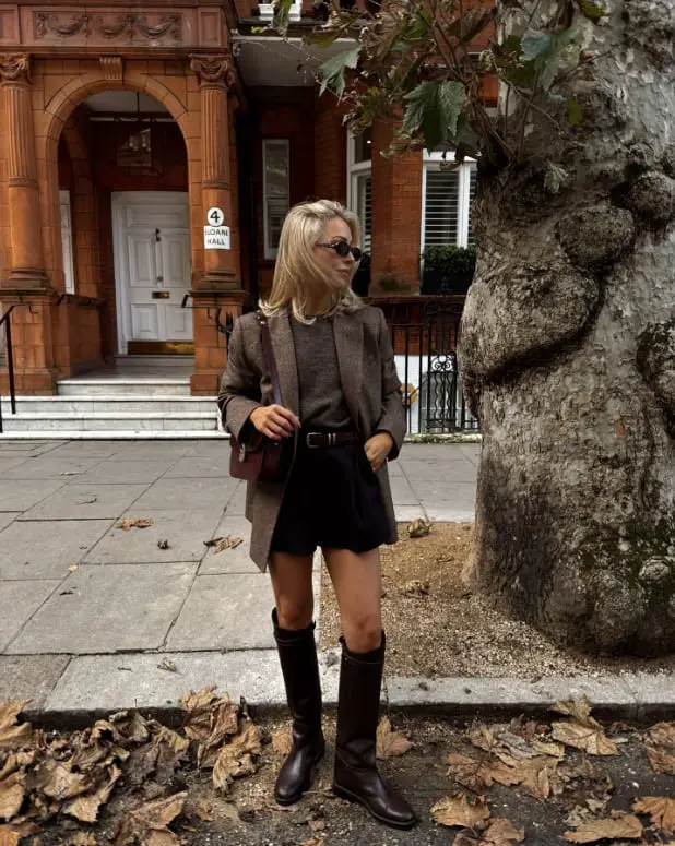 Brown Tweed Blazer Over Gray Sweater and Black Shorts Brown Tweed Blazer Over Gray Sweater and Black Shorts — Trendy Rich Outfits