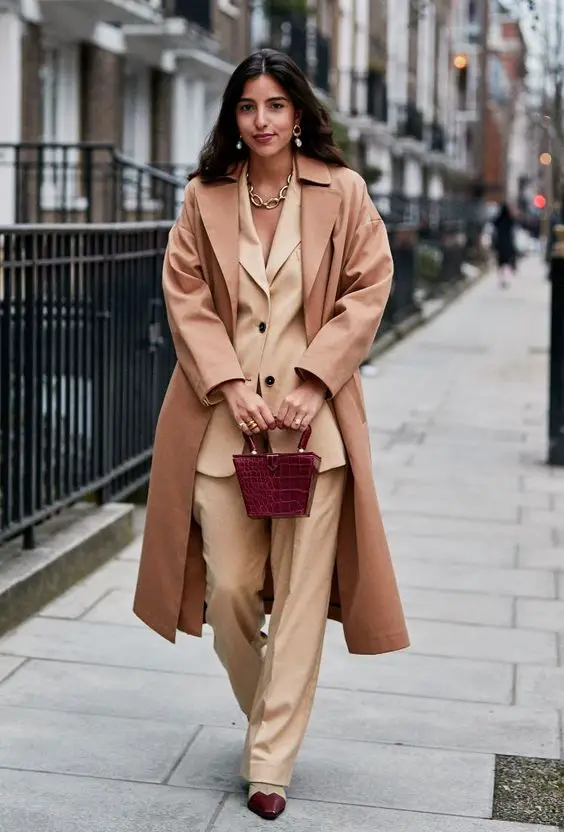 Camel Monochromatic Suit with Wide-Leg Trousers and Longline Coat Camel Monochromatic Suit with Wide-Leg Trousers and Longline Coat — Trendy Rich Outfits