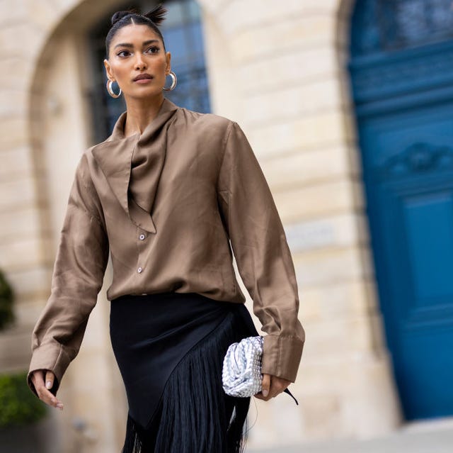 Brown Silk Blouse with Black Asymmetrical Fringe Skirt Brown Silk Blouse with Black Asymmetrical Fringe Skirt — Trendy Rich Outfits