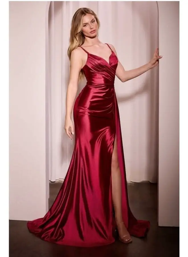 Deep Red Satin Mermaid Gown with Spaghetti Straps and Thigh-High Slit Deep Red Satin Mermaid Gown with Spaghetti Straps and Thigh-High Slit — Trendy Satin Dresses
