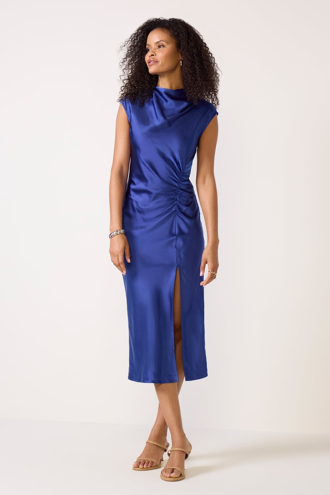 Royal Blue Satin Midi Dress with Draped Cowl Neck and Ruched Detailing Royal Blue Satin Midi Dress with Draped Cowl Neck and Ruched Detailing — Trendy Satin Dresses