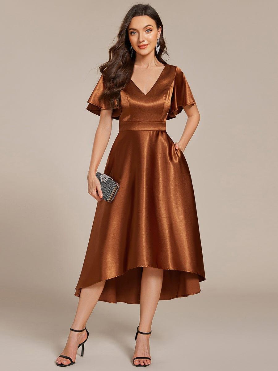 Bronze Satin V-neck Dress with Hi-Lo Hemline Bronze Satin V-neck Dress with Hi-Lo Hemline — Trendy Satin Dresses