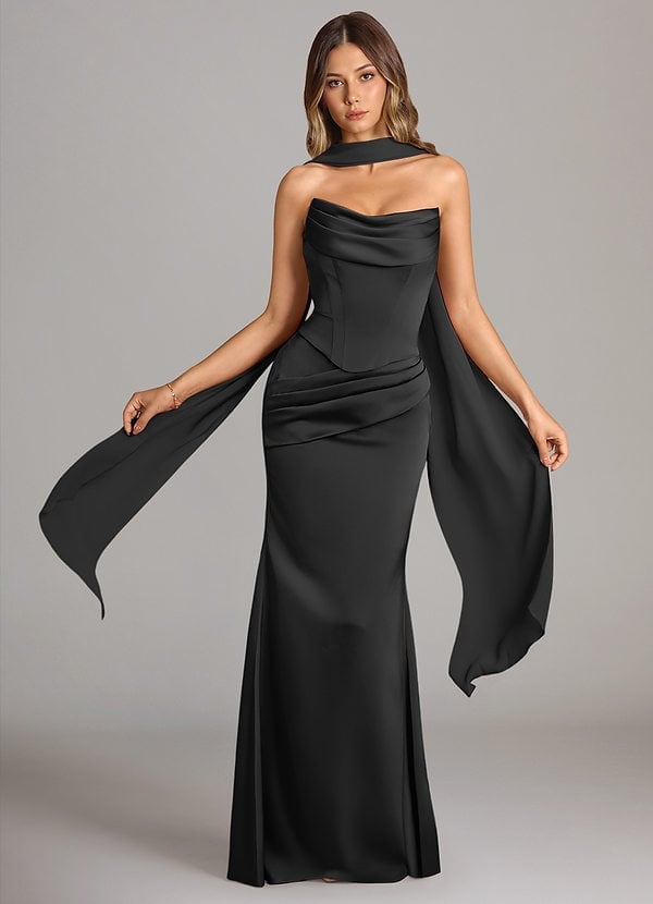 Black Satin Strapless Maxi Dress with Dramatic Scarf Detail Black Satin Strapless Maxi Dress with Dramatic Scarf Detail — Trendy Satin Dresses