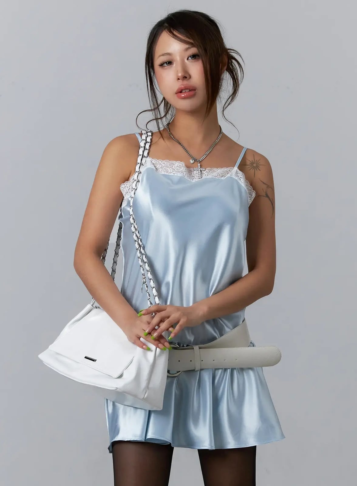 Light Blue Satin Slip Dress with White Lace Trim Light Blue Satin Slip Dress with White Lace Trim — Trendy Satin Dresses