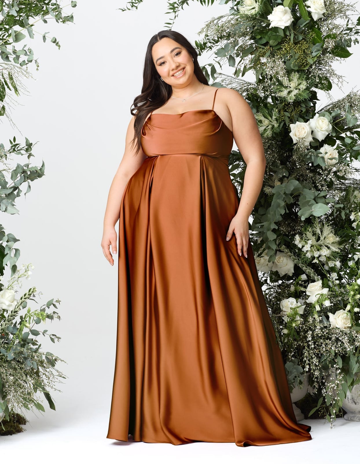 Bronze Satin Dress with Cowl Neck and Pleated A-line Skirt Bronze Satin Dress with Cowl Neck and Pleated A-line Skirt — Trendy Satin Dresses