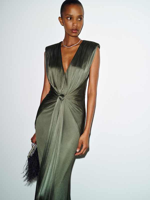 Olive Green Draped Satin Dress with Deep V-neck Olive Green Draped Satin Dress with Deep V-neck — Trendy Satin Dresses