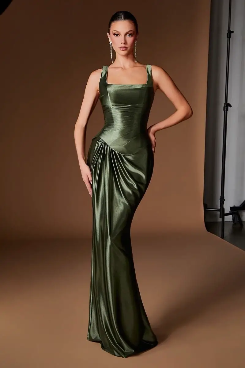 Dark Green Satin Column Dress with Asymmetrical Draped Skirt Dark Green Satin Column Dress with Asymmetrical Draped Skirt — Trendy Satin Dresses
