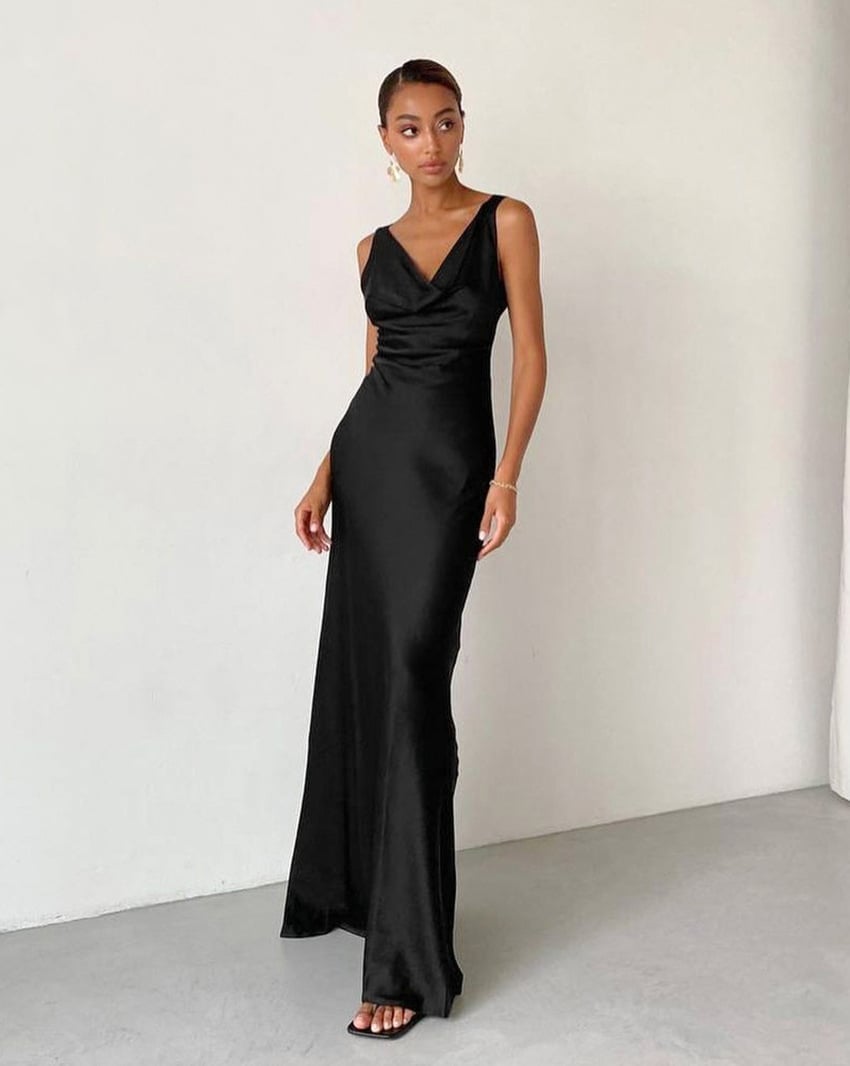 Black Satin V-Neck Slip Dress with Cowl Neckline Black Satin V-Neck Slip Dress with Cowl Neckline — Trendy Satin Dresses