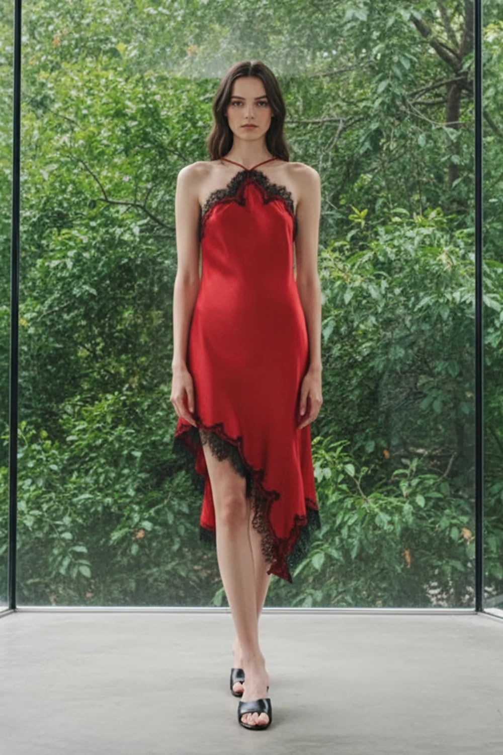 Red Satin Dress with Black Lace Trim and Asymmetrical Hem Red Satin Dress with Black Lace Trim and Asymmetrical Hem — Trendy Satin Dresses