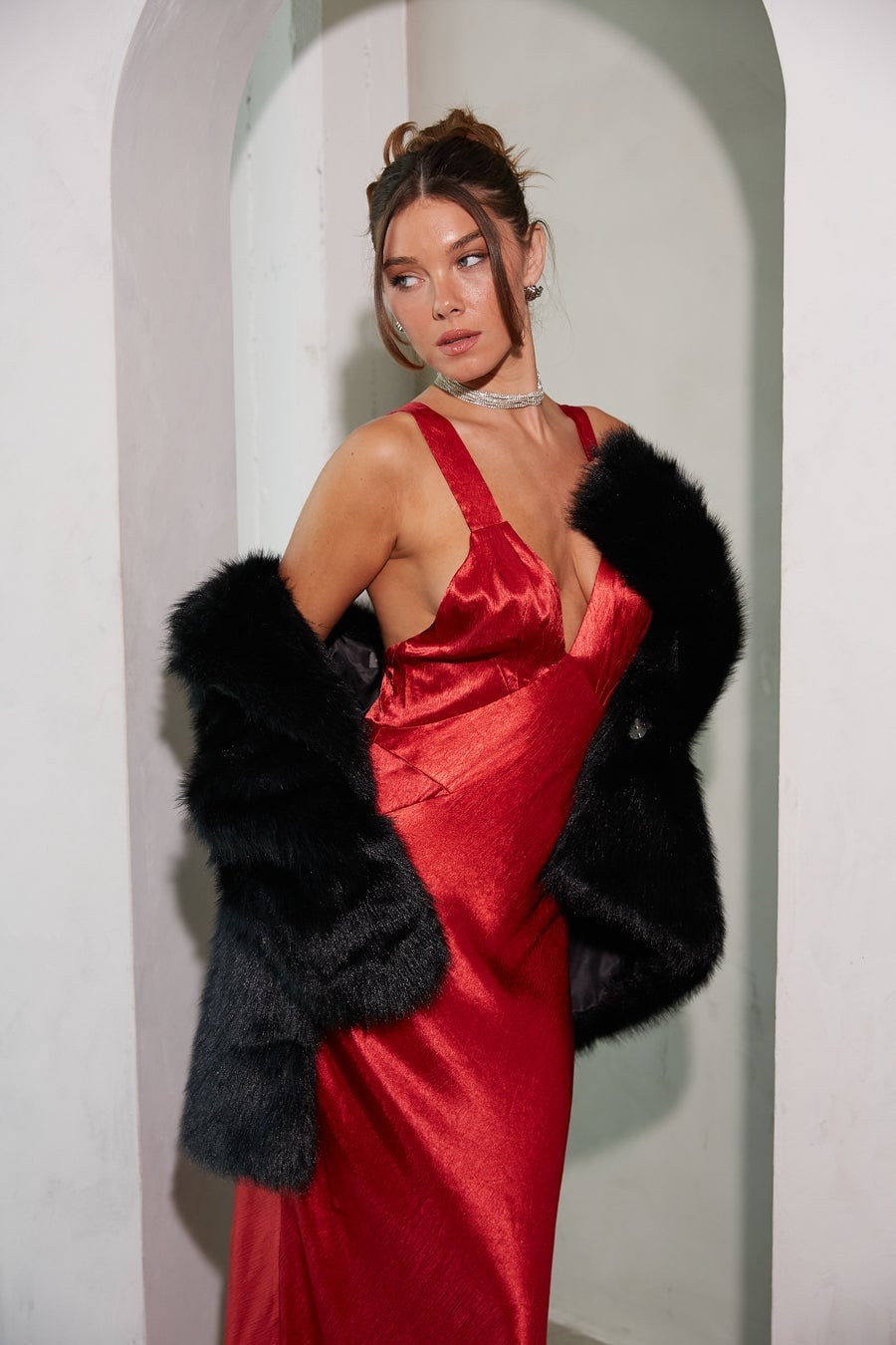 Red Satin Slip Dress Layered with Faux Fur Coat Red Satin Slip Dress Layered with Faux Fur Coat — Trendy Satin Dresses