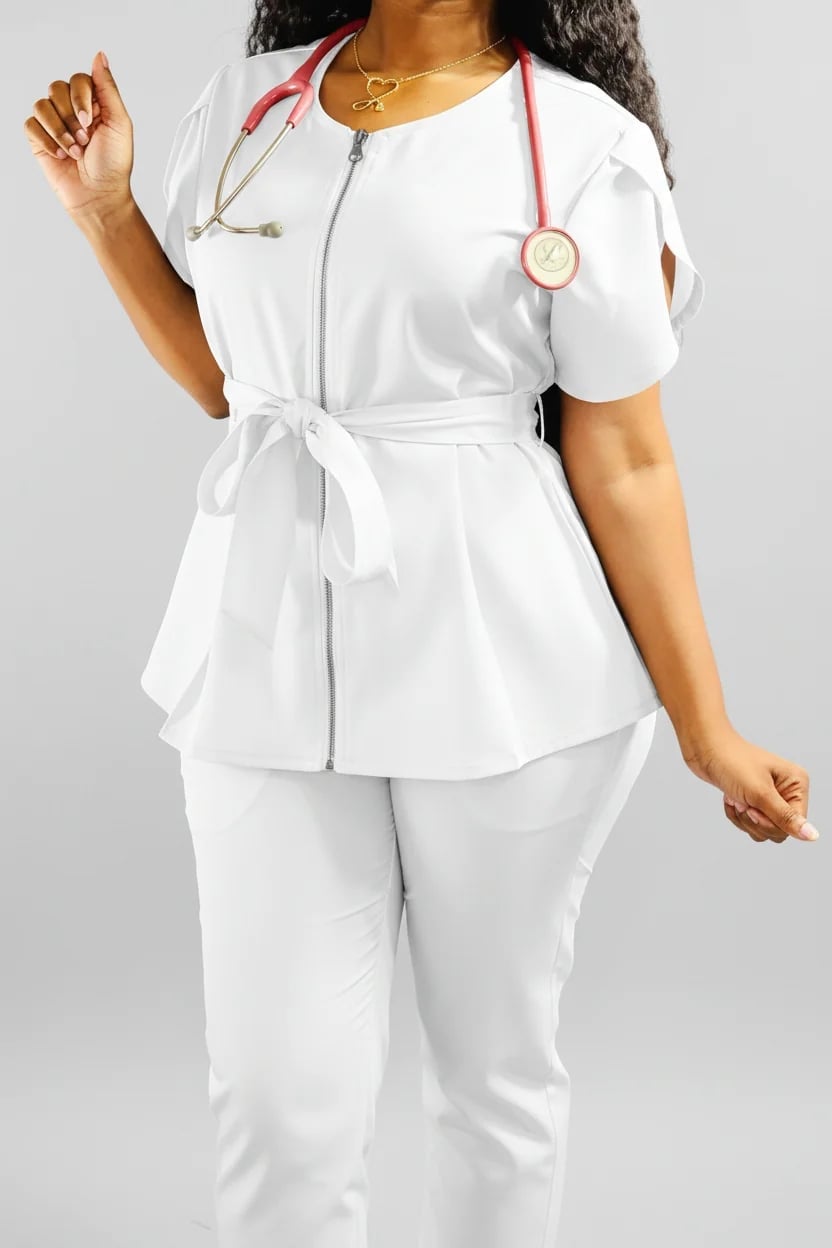 White Peplum Scrub Top With Tie Waist, Close-Up Take — Trendy Scrubs Outfits