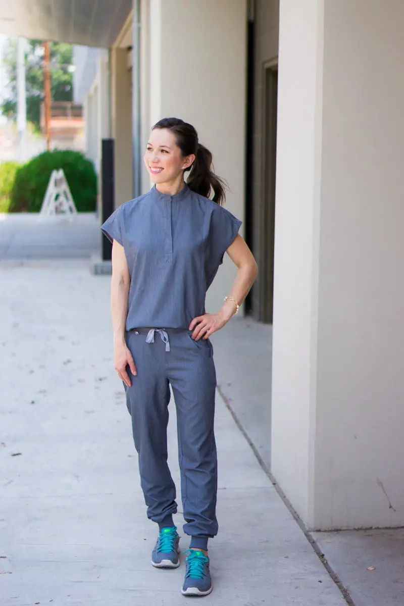 Gray Mandarin Collar Scrub Top With Sneakers, Close-Up Take — Trendy Scrubs Outfits