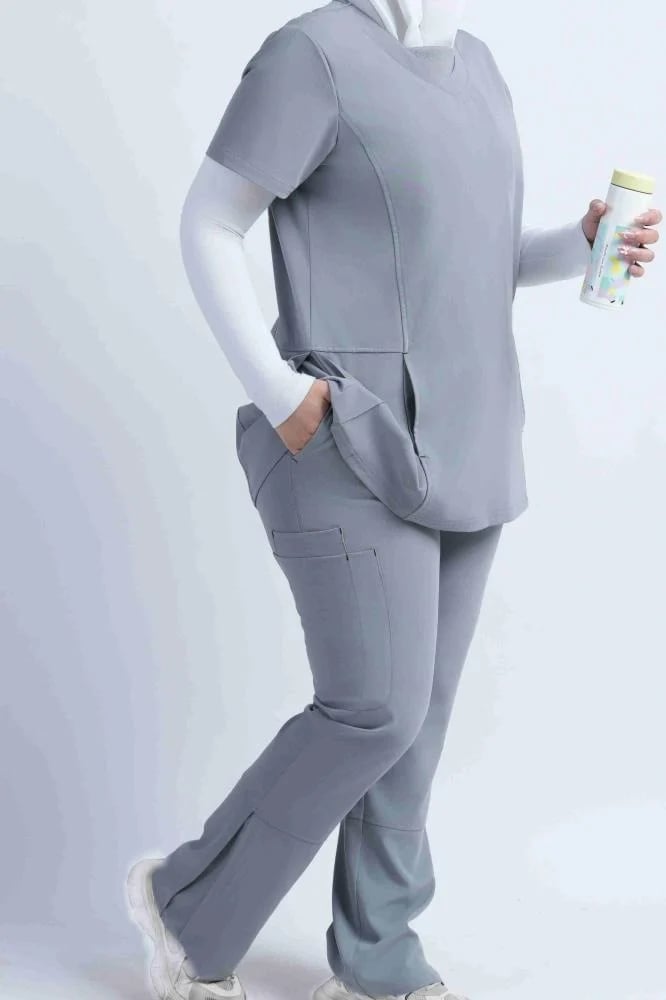 Light Gray Scrubs With Utility Pockets and White, Close-Up Take — Trendy Scrubs Outfits