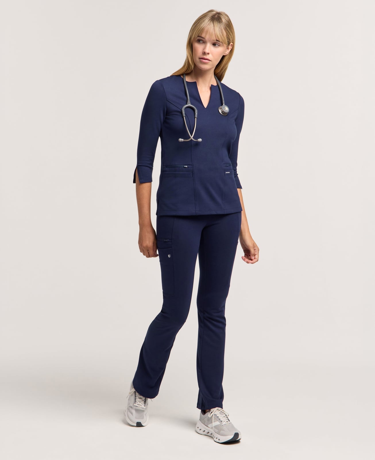Navy Scrubs With Three-Quarter Sleeves and Gray, Close-Up Take — Trendy Scrubs Outfits