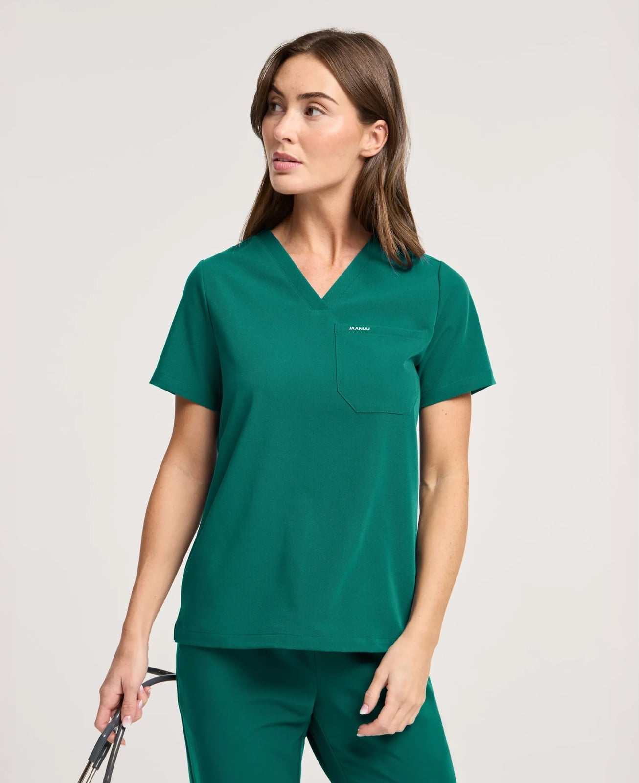 Deep Green V-Neck Scrub Top and Pants — Trendy Scrubs Outfits