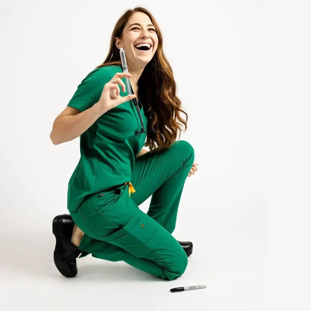 Green Scrub Set With Black Clogs and Relaxed Fit — Trendy Scrubs Outfits