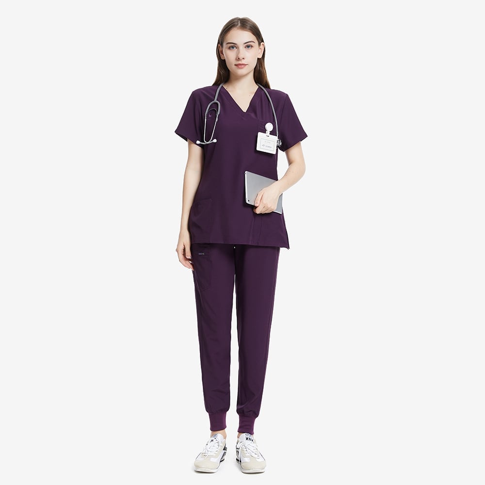 Deep Purple Scrubs With White Sneakers — Trendy Scrubs Outfits