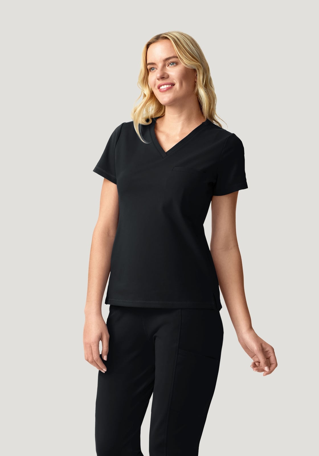 Black V-Neck Scrubs With Straight Leg Pants — Trendy Scrubs Outfits